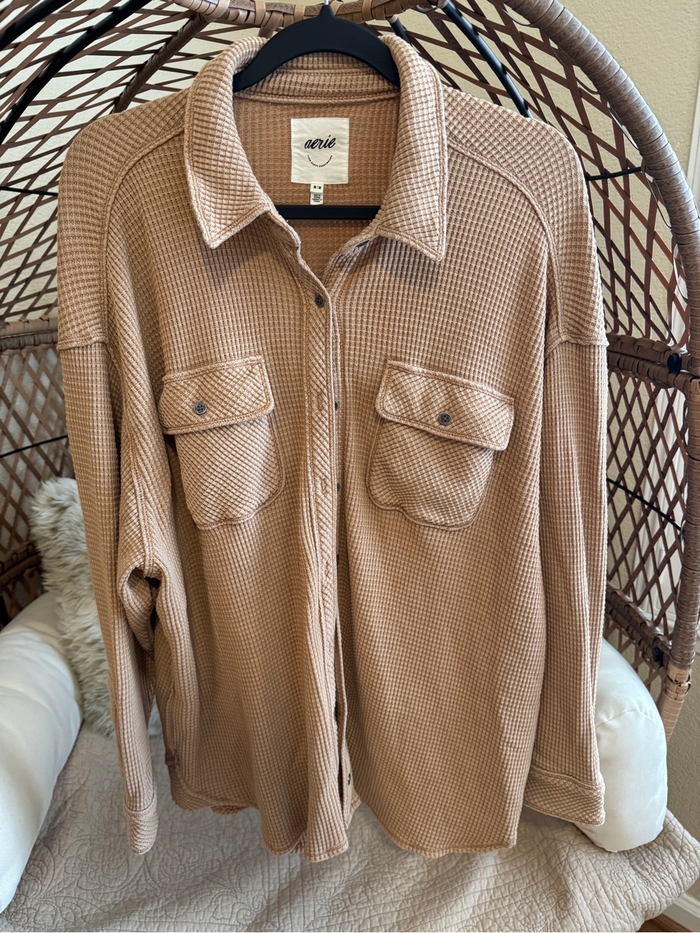 Aerie Lumberjane Waffle Button Down Shirt Tan Brown Medium